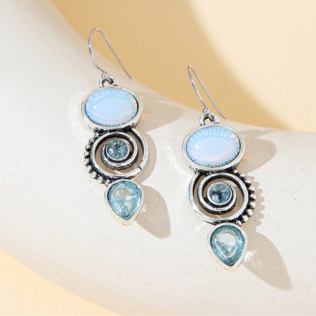 Boho Moonstone Silver Tone Drop Earrings